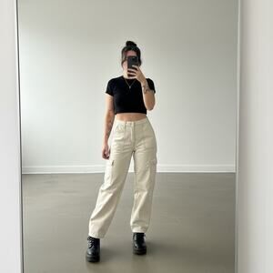 Fashion Nova Cream Contrast Stitching Cargo Straight Leg Carpenter Pants